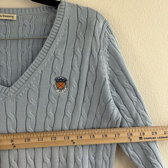 Fairway & Greene Blue Cable Knit Sweater Size Medium 100% Cotton V Neck - Picture 7 of 8